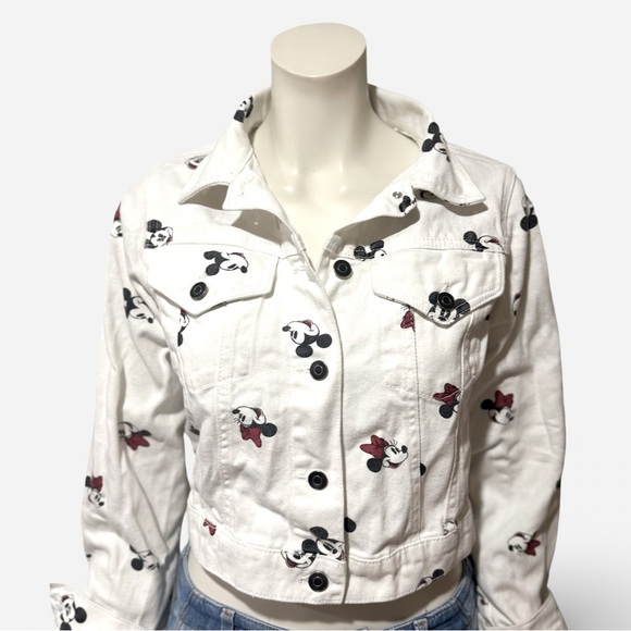 Disney Mickey & Minnie Mouse White Denim Crop Top Jacket Small - Picture 1 of 9